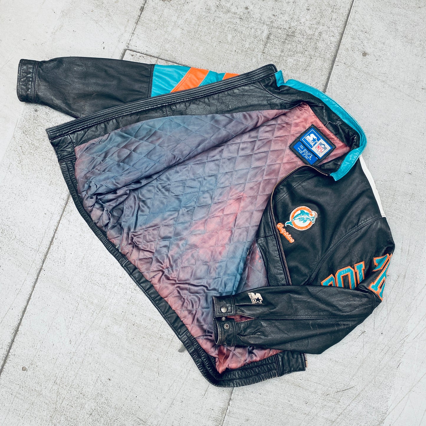 Miami Dolphins: 1990's Leather Fullzip Split Back Starter Jacket (L/XL)