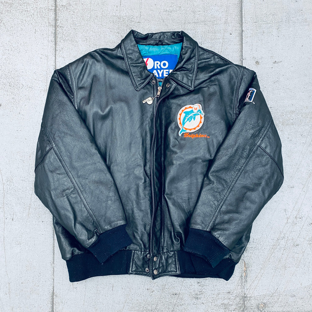 Miami Dolphins: 1990's Pro Player Blackout Leather Fullzip Bomber Jack –  National Vintage League Ltd.