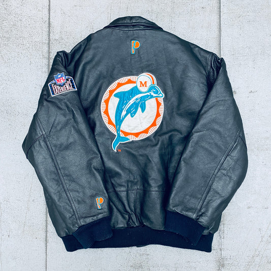 Miami Dolphins: 1990's Pro Player Blackout Leather Fullzip Bomber Jacket (L)