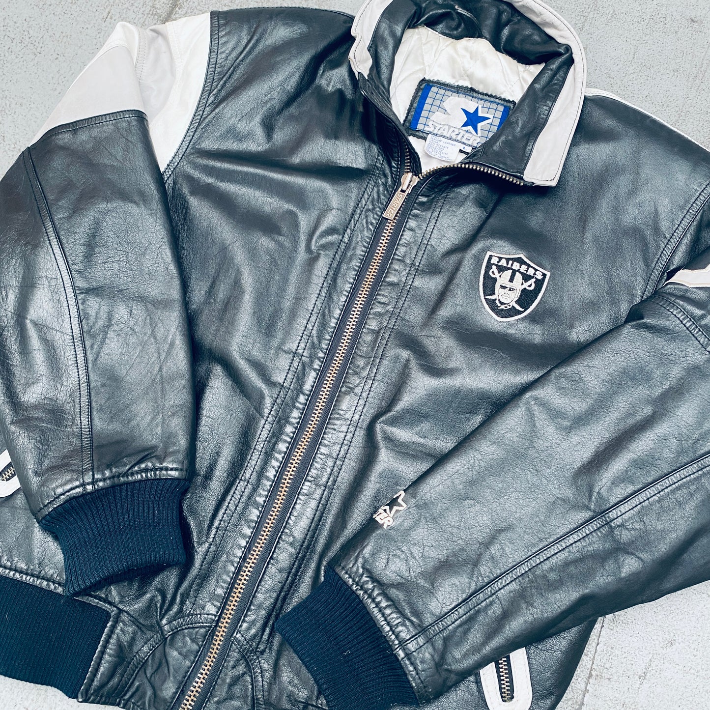 Oakland Raiders: 1990's Leather Fullzip Split Back Starter Jacket (L)