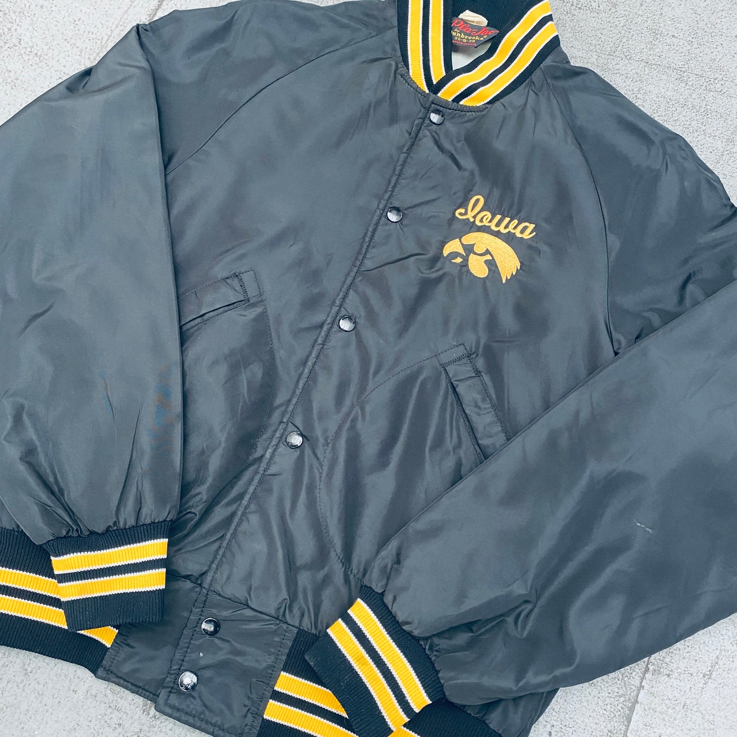 Iowa Hawkeyes: 1980's Satin Reverse Script Spellout Bomber Jacket (S)