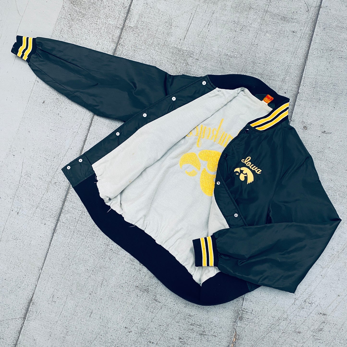 Iowa Hawkeyes: 1980's Satin Reverse Script Spellout Bomber Jacket (S)