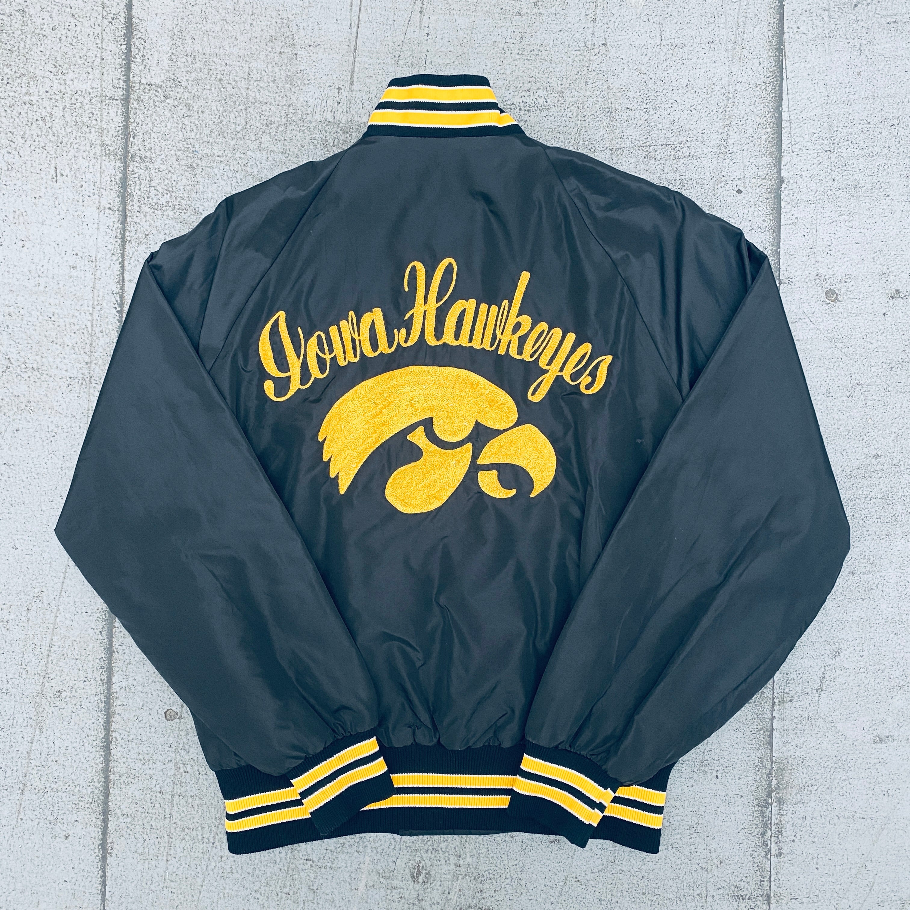 Iowa Hawkeyes: 1980's Satin Reverse Script Spellout Bomber Jacket (S ...