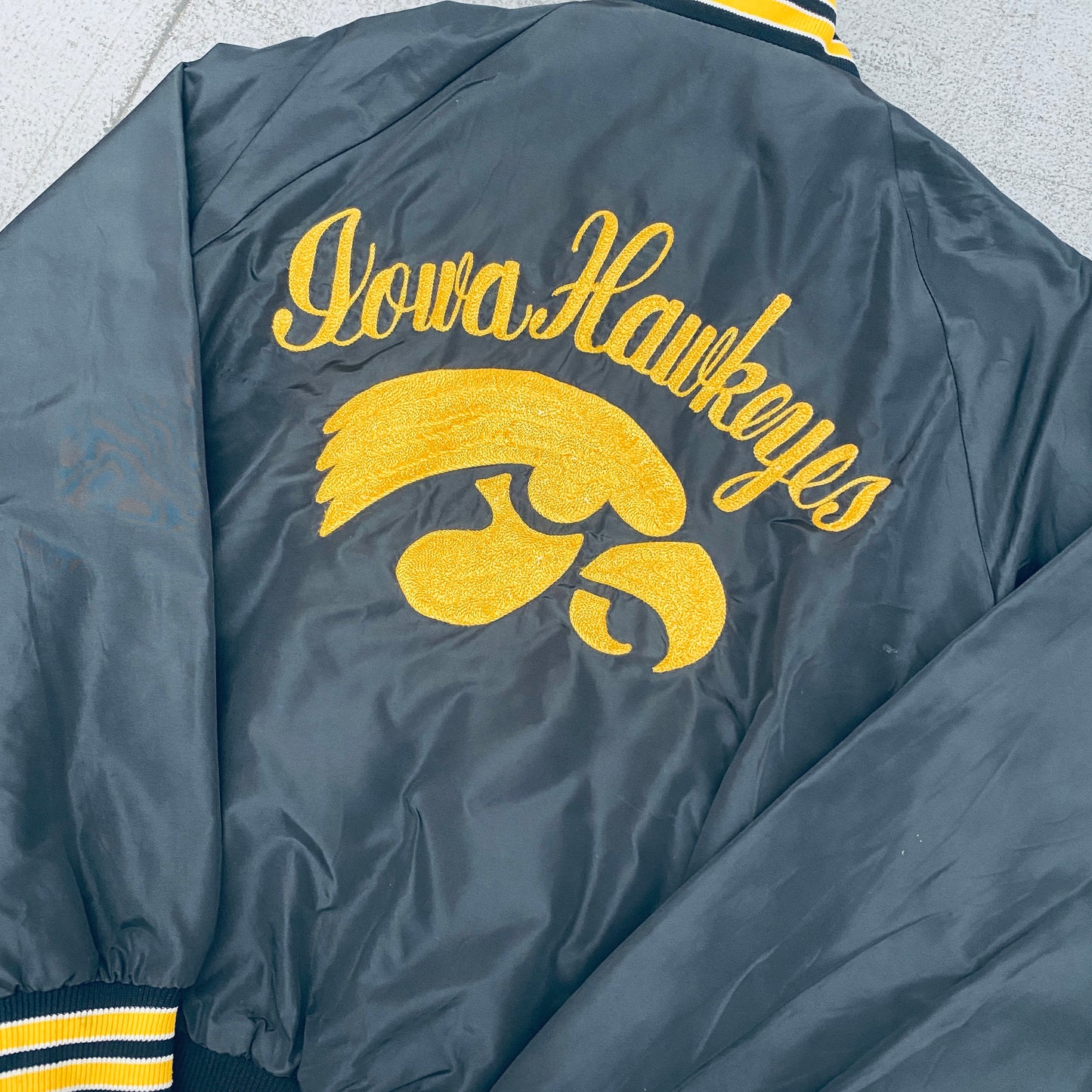 Iowa Hawkeyes: 1980's Satin Reverse Script Spellout Bomber Jacket (S)