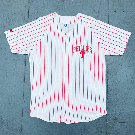 Philadelphia Phillies: 1990's White Pinstripe Russell Athletic Cotton Jersey (L)