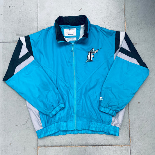 Florida Marlins: 1990's Fullzip Reverse Spellout Starter Windbreaker w/ Hood (XL)