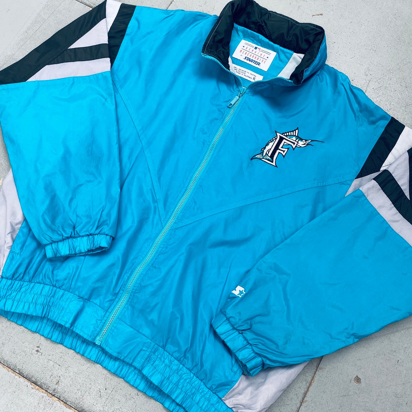 Florida Marlins: 1990's Fullzip Reverse Spellout Starter Windbreaker w/ Hood (XL)