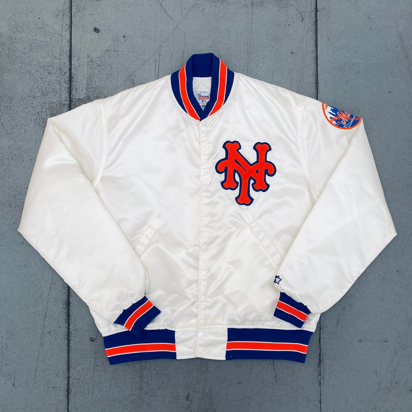 New York Mets: 1980's White Satin Diamond Collection Starter Bomber Jacket (L)