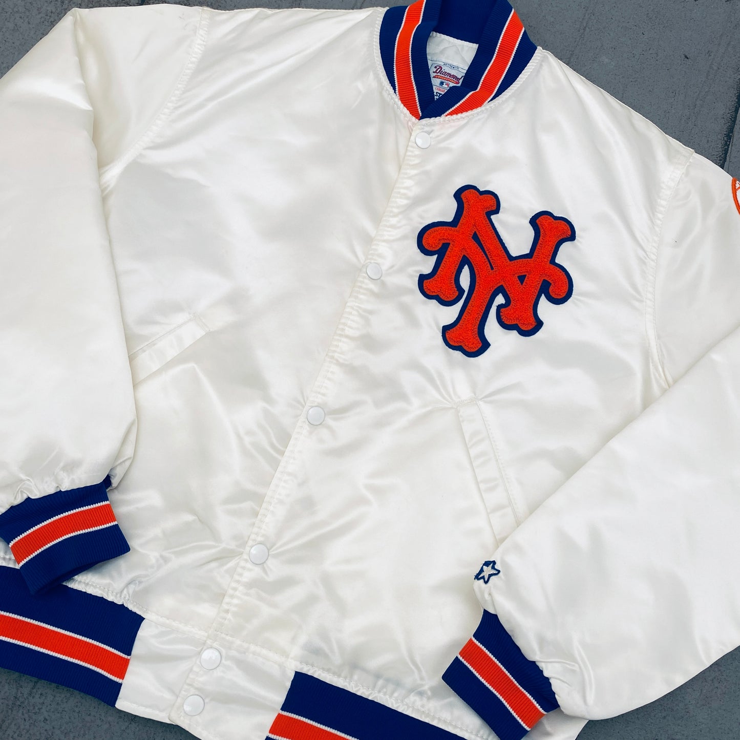 New York Mets: 1980's White Satin Diamond Collection Starter Bomber Jacket (L)