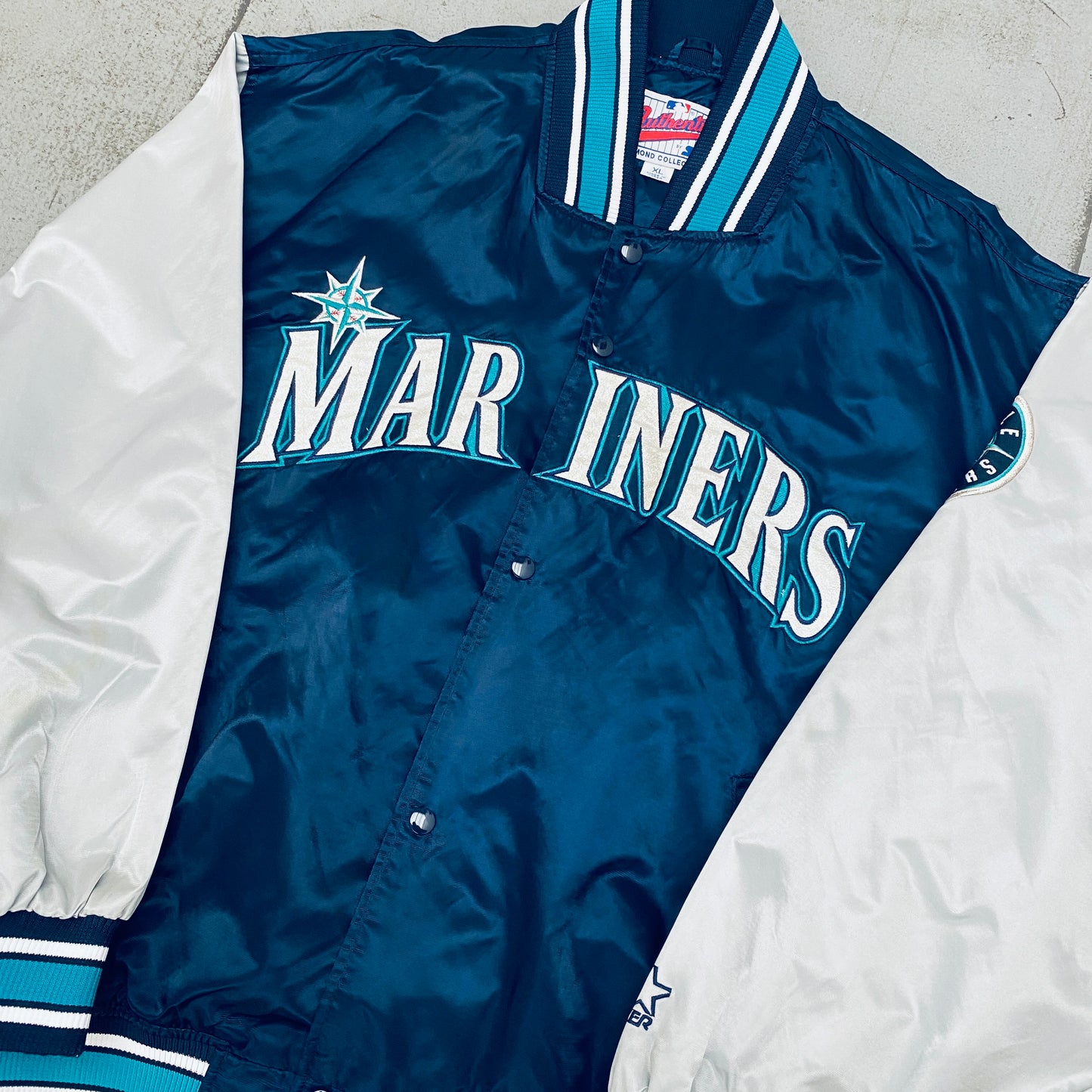 Seattle Mariners: 1990's Satin Diamond Collection Lightweight Dugout Starter Bomber Jacket (XL)