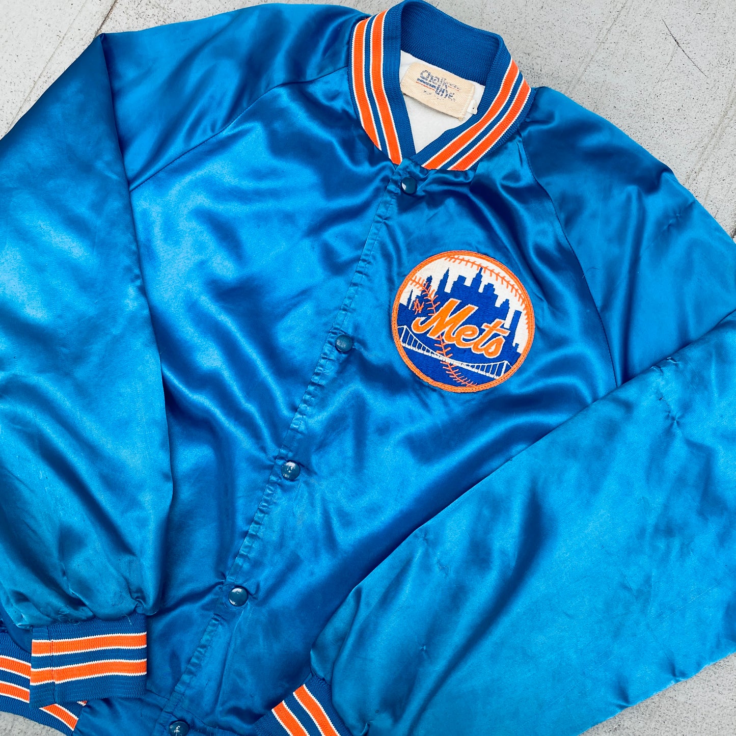 New York Mets: 1980's Chalk Line Satin Stitched Reverse Spellout Bomber Jacket (M/L)