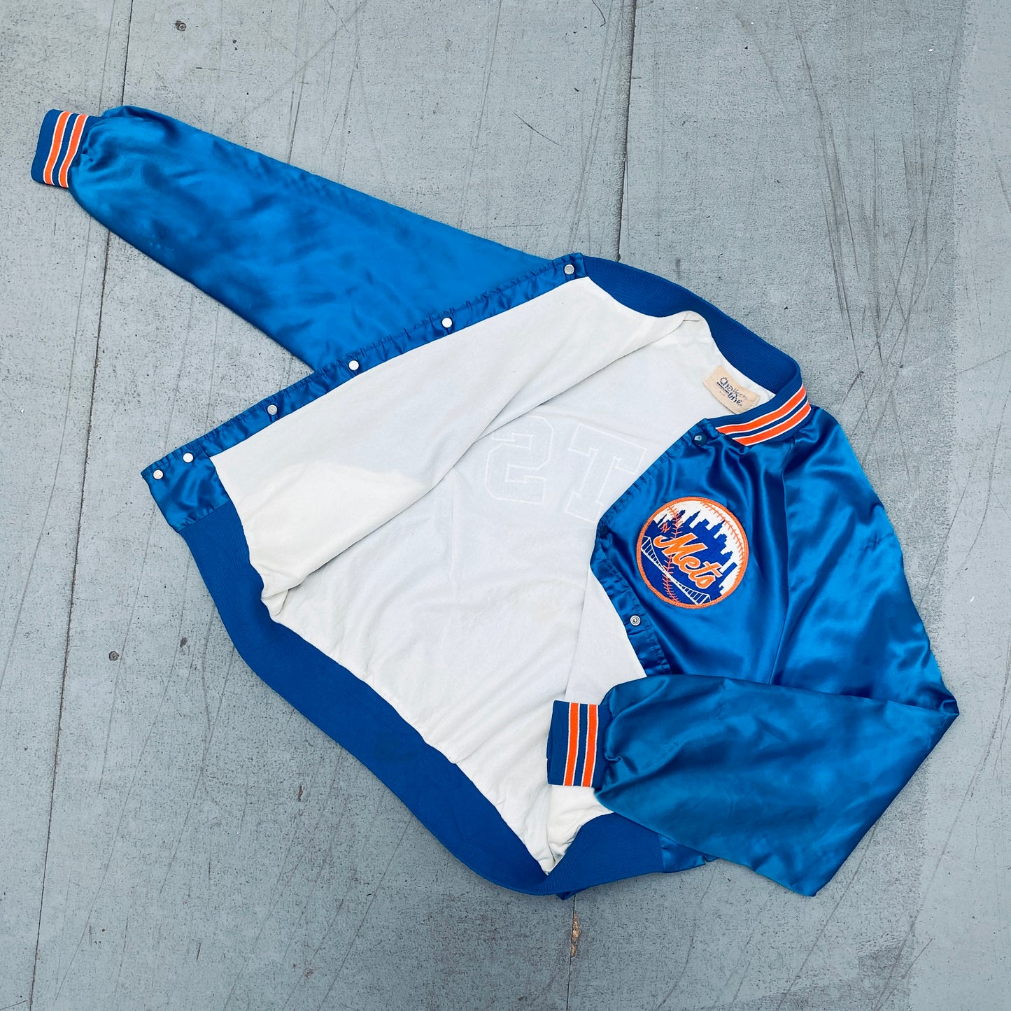 New York Mets: 1980's Chalk Line Satin Stitched Reverse Spellout Bomber Jacket (M/L)