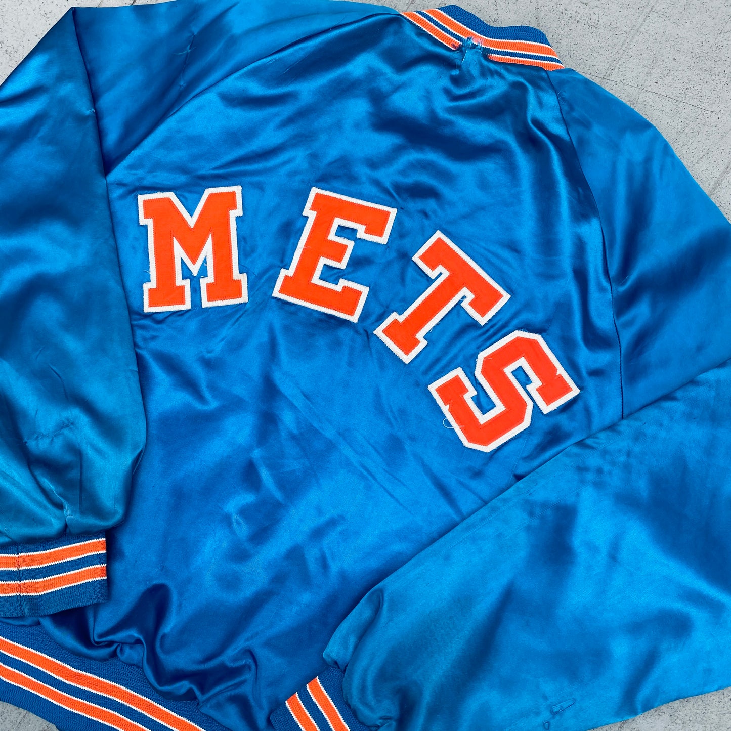 New York Mets: 1980's Chalk Line Satin Stitched Reverse Spellout Bomber Jacket (M/L)