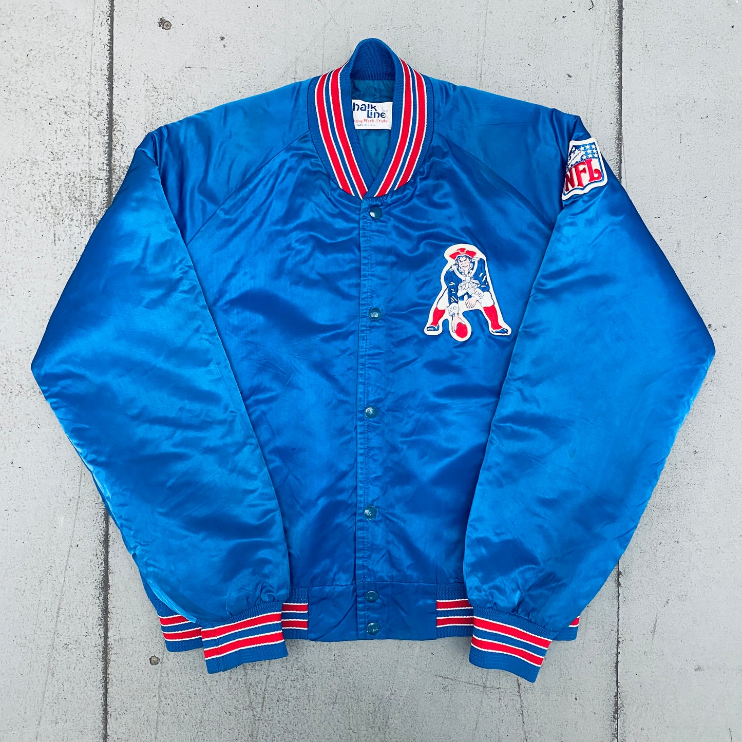 New England Patriots: 1990's Chalk Line Satin Stitched Reverse Spellout "Pat Patriot" Bomber Jacket (L)