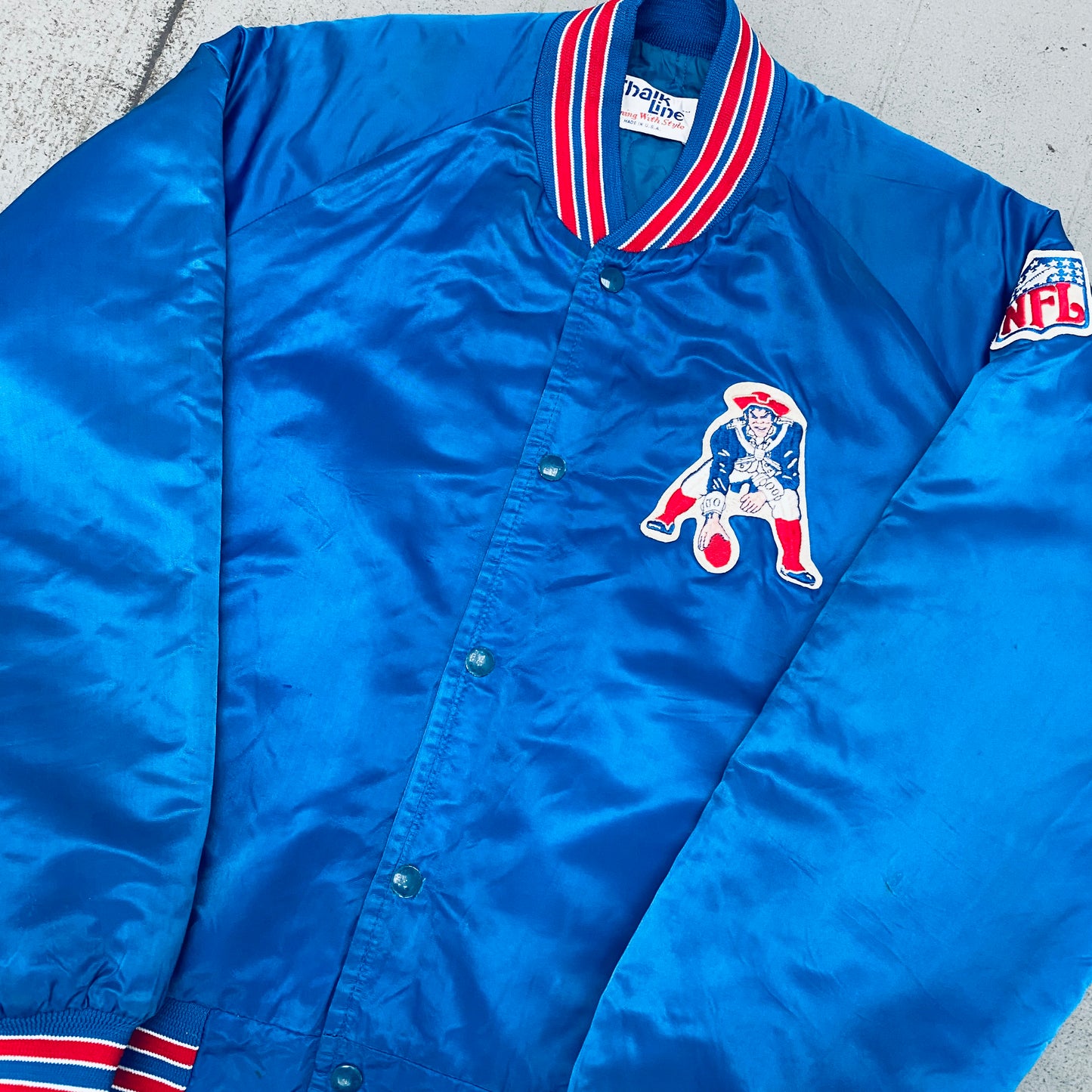 New England Patriots: 1990's Chalk Line Satin Stitched Reverse Spellout "Pat Patriot" Bomber Jacket (L)