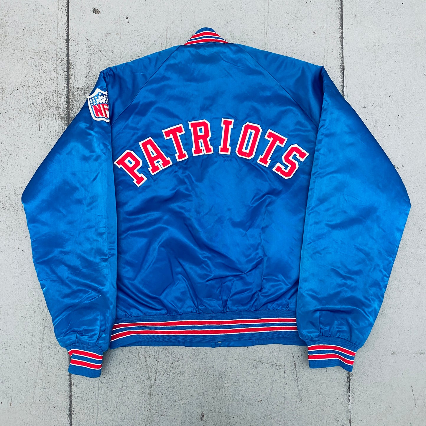 New England Patriots: 1990's Chalk Line Satin Stitched Reverse Spellout "Pat Patriot" Bomber Jacket (L)