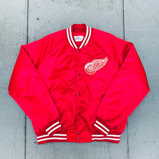 Detroit Red Wings: 1990's Chalk Line Satin Stitched Reverse Spellout Bomber Jacket (L)