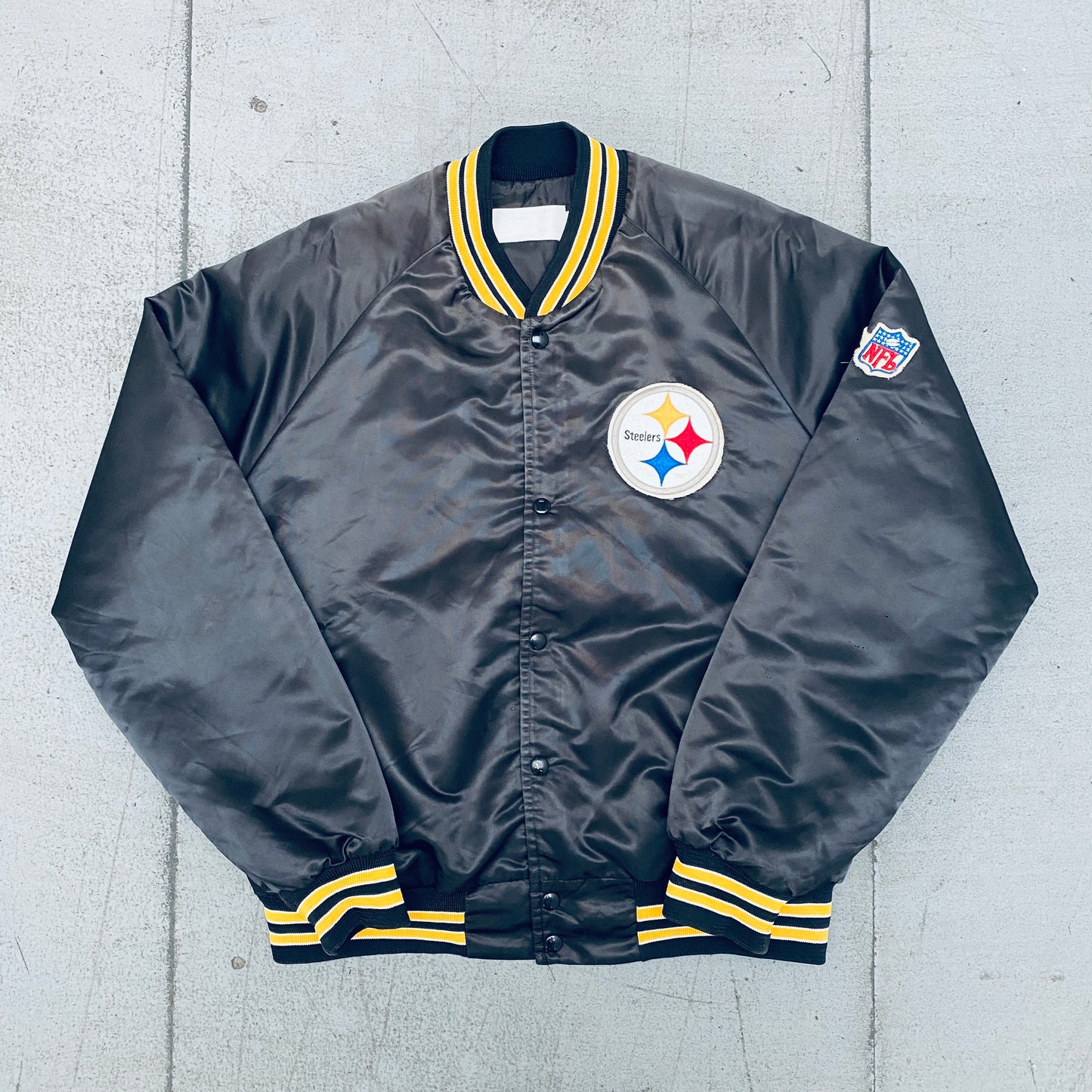 Pittsburgh Steelers: 1990's Chalk Line Satin Stitched Reverse Spellout Bomber Jacket (L)