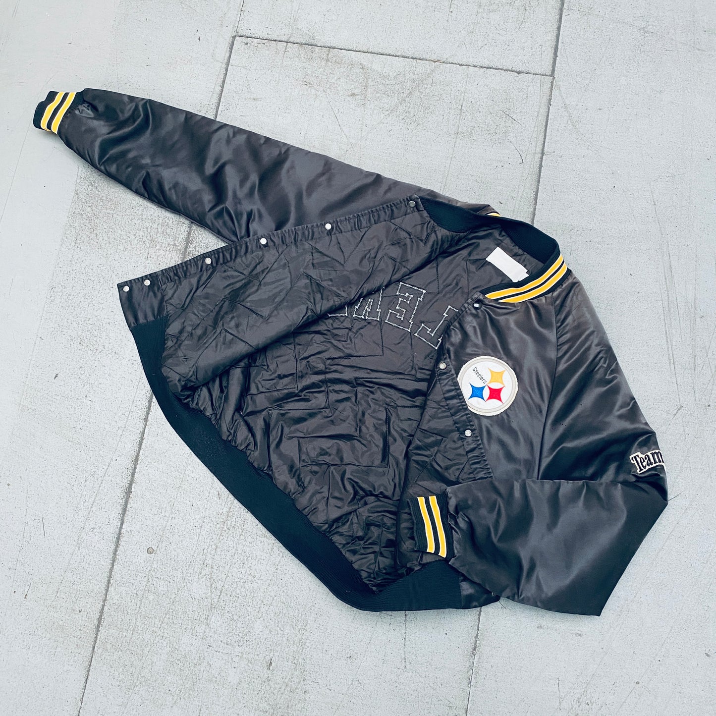 Pittsburgh Steelers: 1990's Chalk Line Satin Stitched Reverse Spellout Bomber Jacket (L)