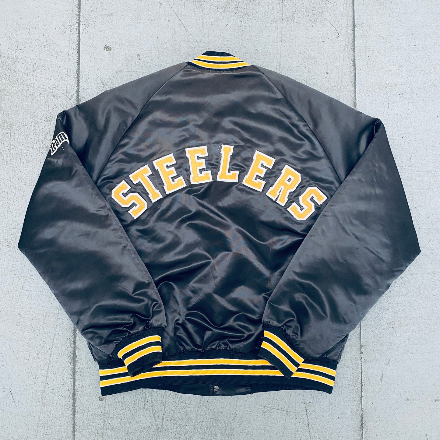 Pittsburgh Steelers: 1990's Chalk Line Satin Stitched Reverse Spellout Bomber Jacket (L)