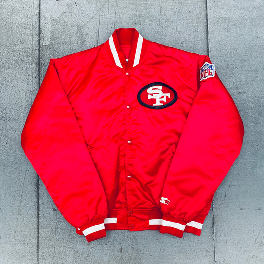 San Francisco 49ers: 1980's Red Satin Reverse Spellout Starter Bomber Jacket (L)