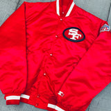 San Francisco 49ers: 1980's Red Satin Reverse Spellout Starter Bomber Jacket (L)