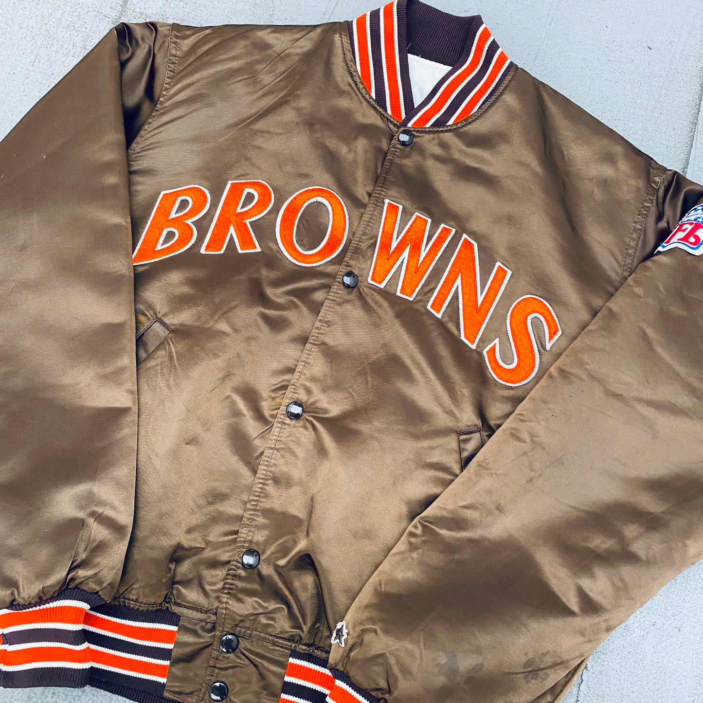 Cleveland Browns: 1980's Satin Stitched Spellout Starter Bomber Jacket (L)