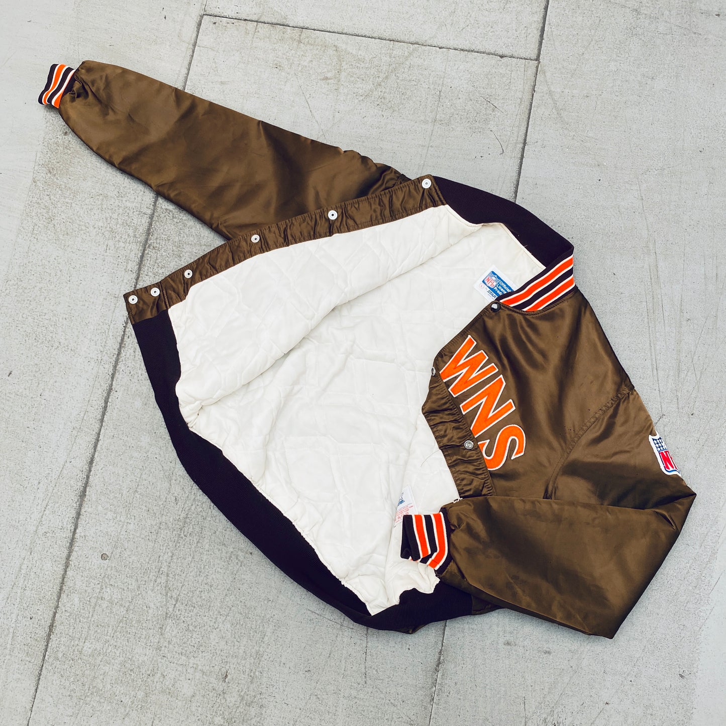 Cleveland Browns: 1980's Satin Stitched Spellout Starter Bomber Jacket (L)