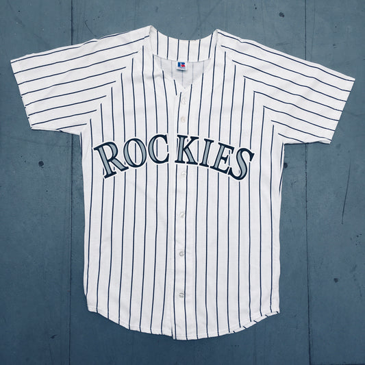 Colorado Rockies: 1995 Russell Athletic White Pinstripe Home Jersey (S/M)