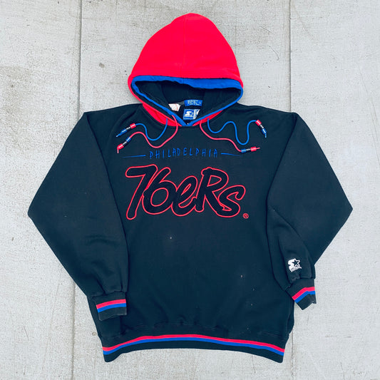 Philadelphia 76ers: 1990's Blackout Graffiti Spellout Double Hooded Starter Hoodie (XL)