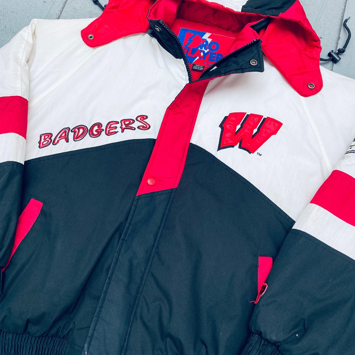 Wisconsin Badgers: 1990's Pro Player HUGE Reverse Embroidered Graffiti Spellout Fullzip Jacket (L/XL)