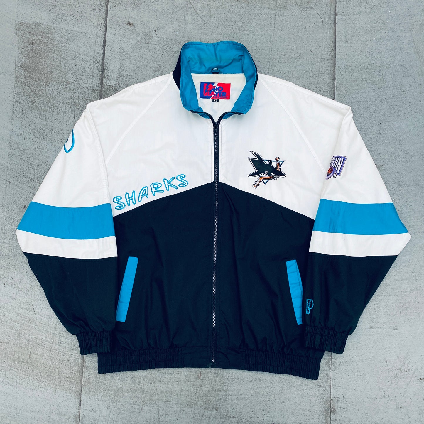 San Jose Sharks: 1990's Pro Player Fullzip HUGE Graffiti Spellout Windbreaker (XL)