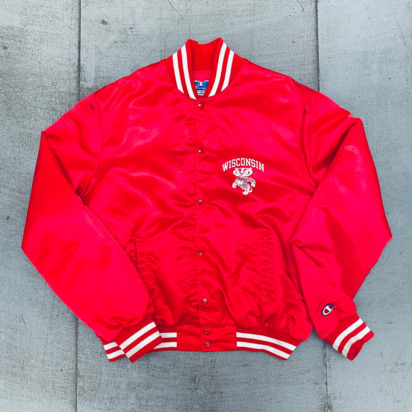 Wisconsin Badgers: 1990's Champion Satin Stitched Reverse Spellout Bomber Jacket (XL/XXL)