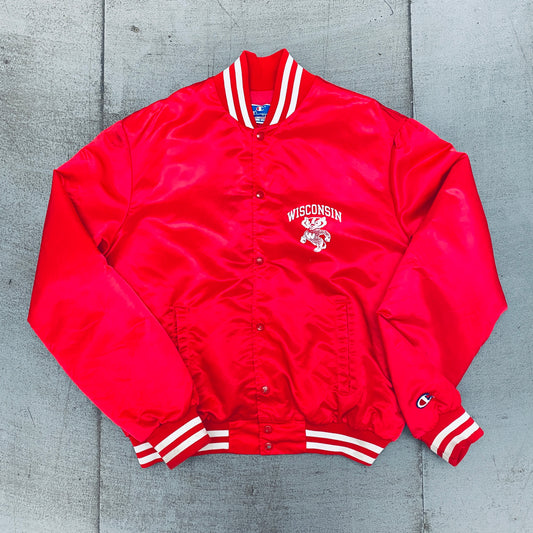 Wisconsin Badgers: 1990's Champion Satin Stitched Reverse Spellout Bomber Jacket (XL/XXL)