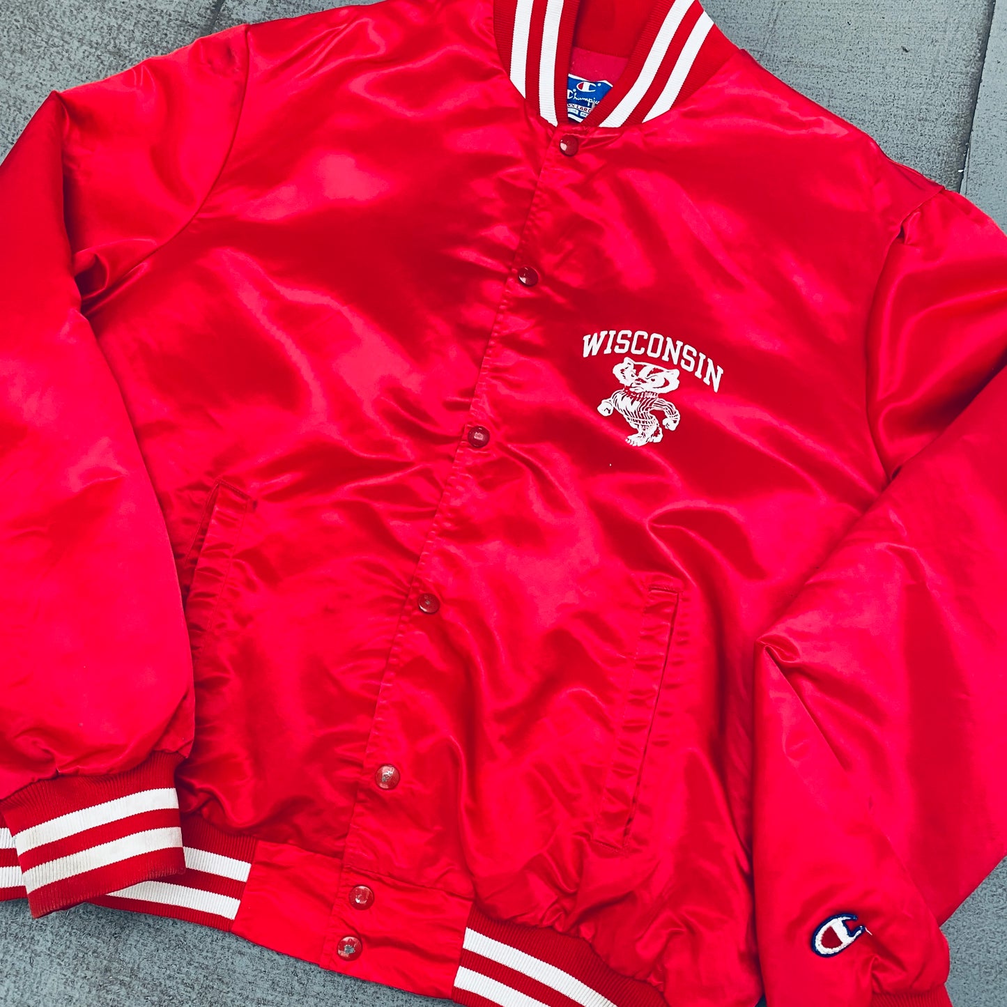 Wisconsin Badgers: 1990's Champion Satin Stitched Reverse Spellout Bomber Jacket (XL/XXL)