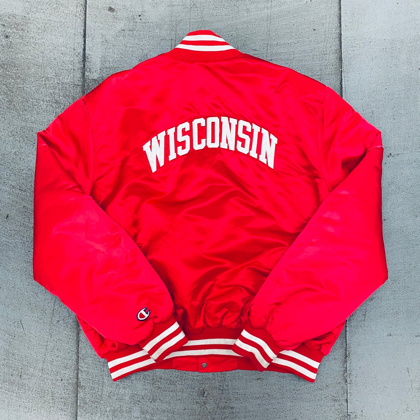 Wisconsin Badgers: 1990's Champion Satin Stitched Reverse Spellout Bomber Jacket (XL/XXL)