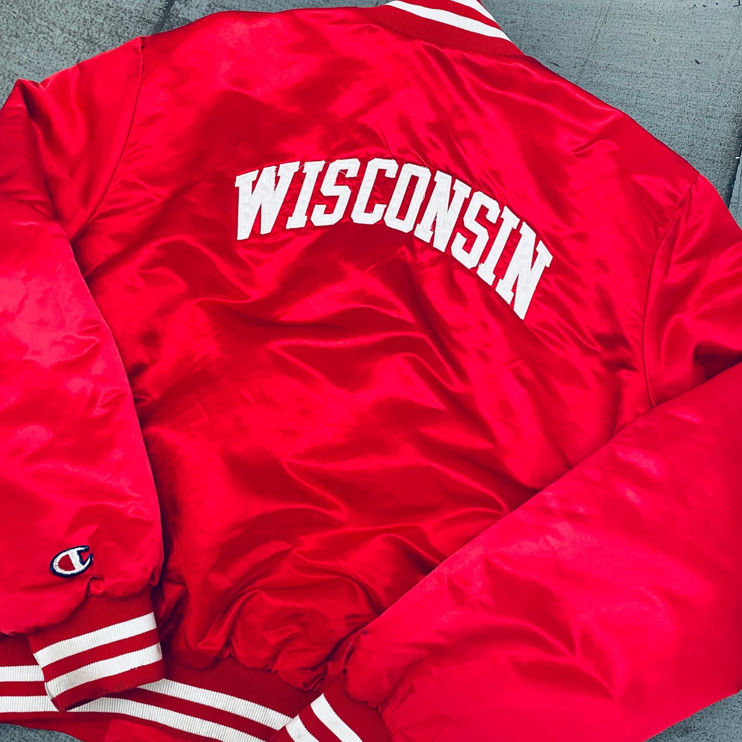 Wisconsin Badgers: 1990's Champion Satin Stitched Reverse Spellout Bomber Jacket (XL/XXL)