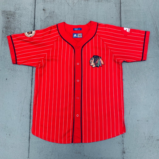 Chicago Blackhawks: 1990's Reverse Spellout Pinstripe Starter Baseball Jersey (L)