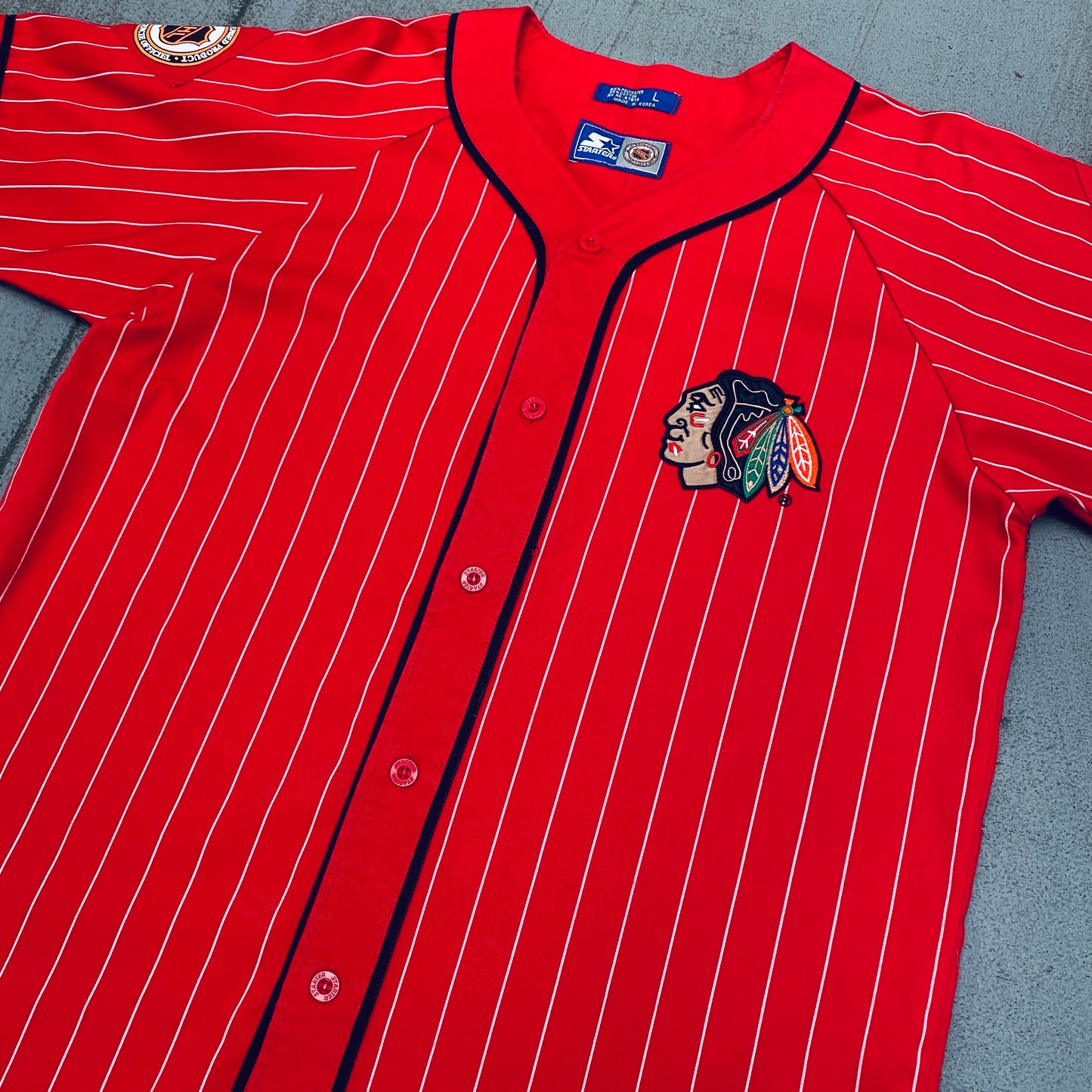 Chicago Blackhawks: 1990's Reverse Spellout Pinstripe Starter Baseball Jersey (L)