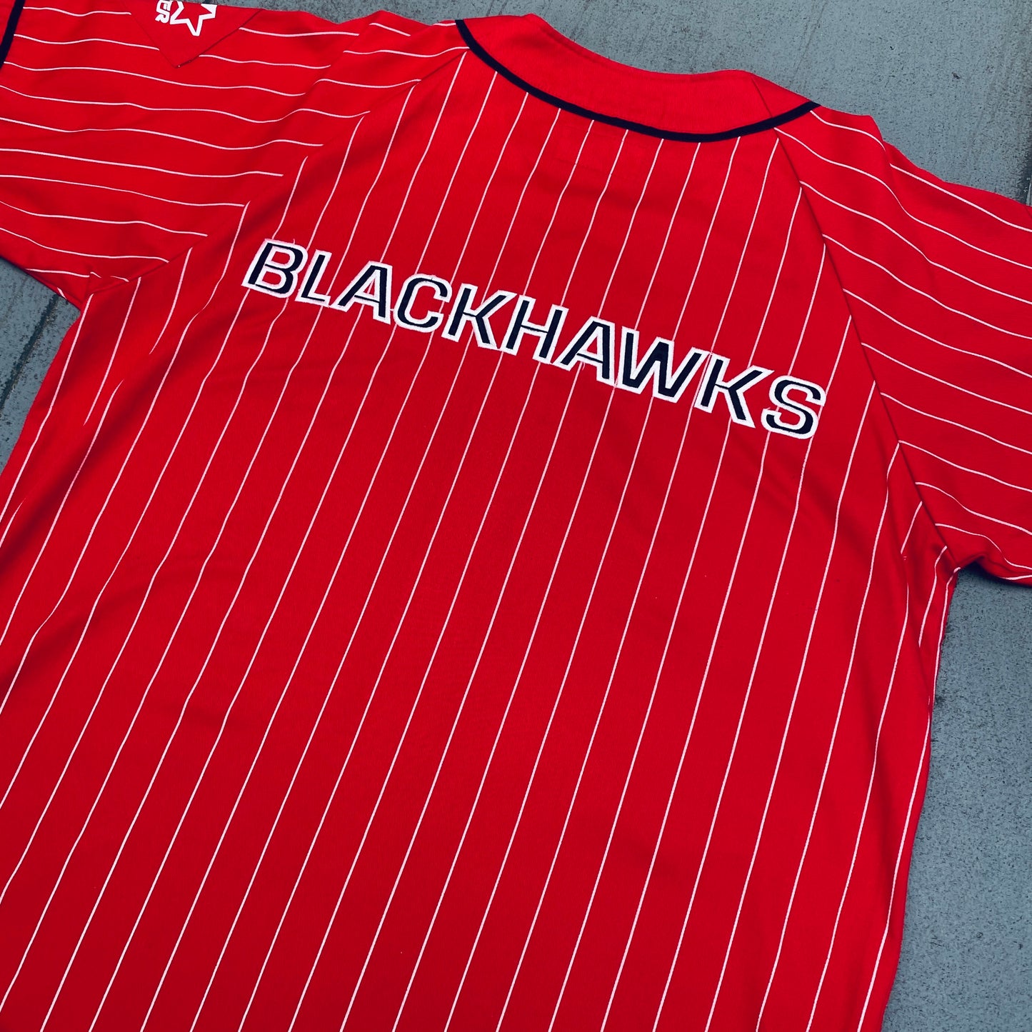 Chicago Blackhawks: 1990's Reverse Spellout Pinstripe Starter Baseball Jersey (L)