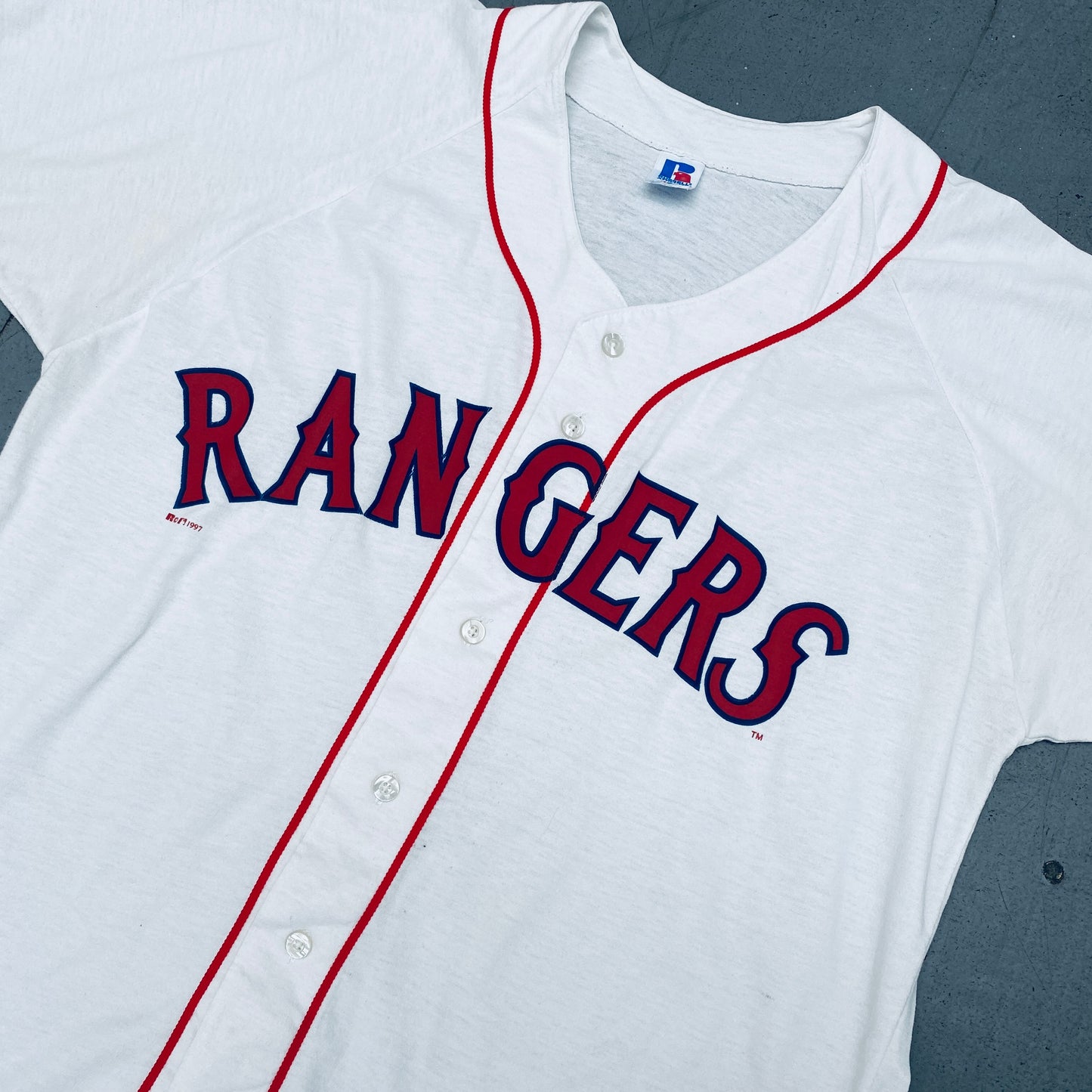 Texas Rangers: 1997 White Russell Athletic Home Jersey (XL)