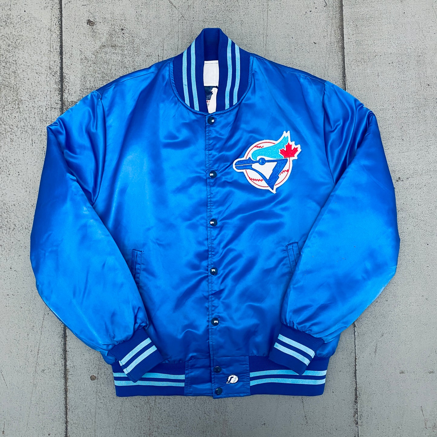 Toronto Blue Jays: 1980's Satin Stitched Reverse Spellout Bomber Jacket (L)