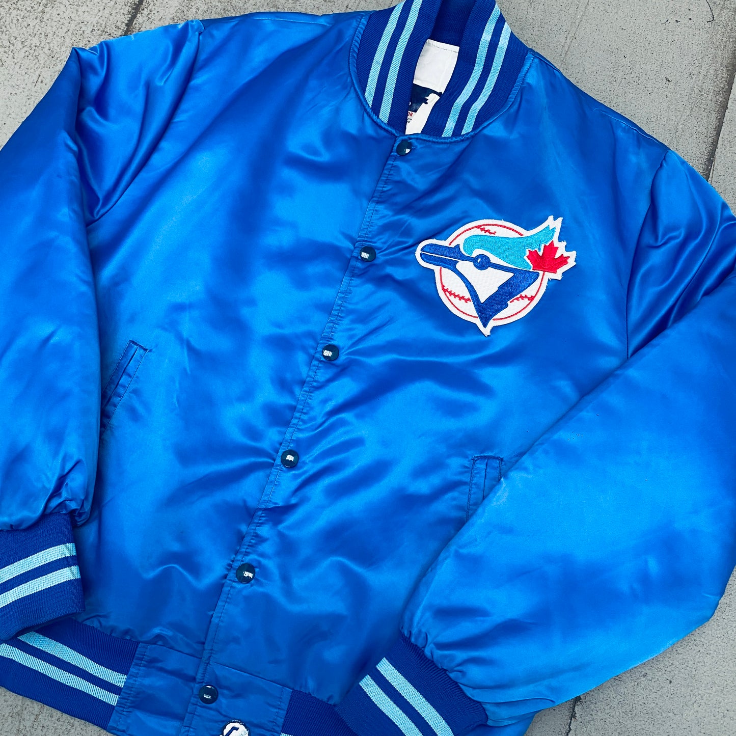 Toronto Blue Jays: 1980's Satin Stitched Reverse Spellout Bomber Jacket (L)