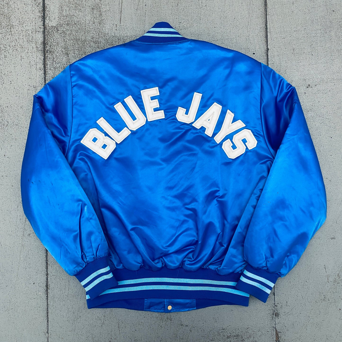 Toronto Blue Jays: 1980's Satin Stitched Reverse Spellout Bomber Jacket (L)