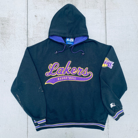 Los Angeles Lakers: 1990's Blackout Stitched Script Starter Hoodie (XL)