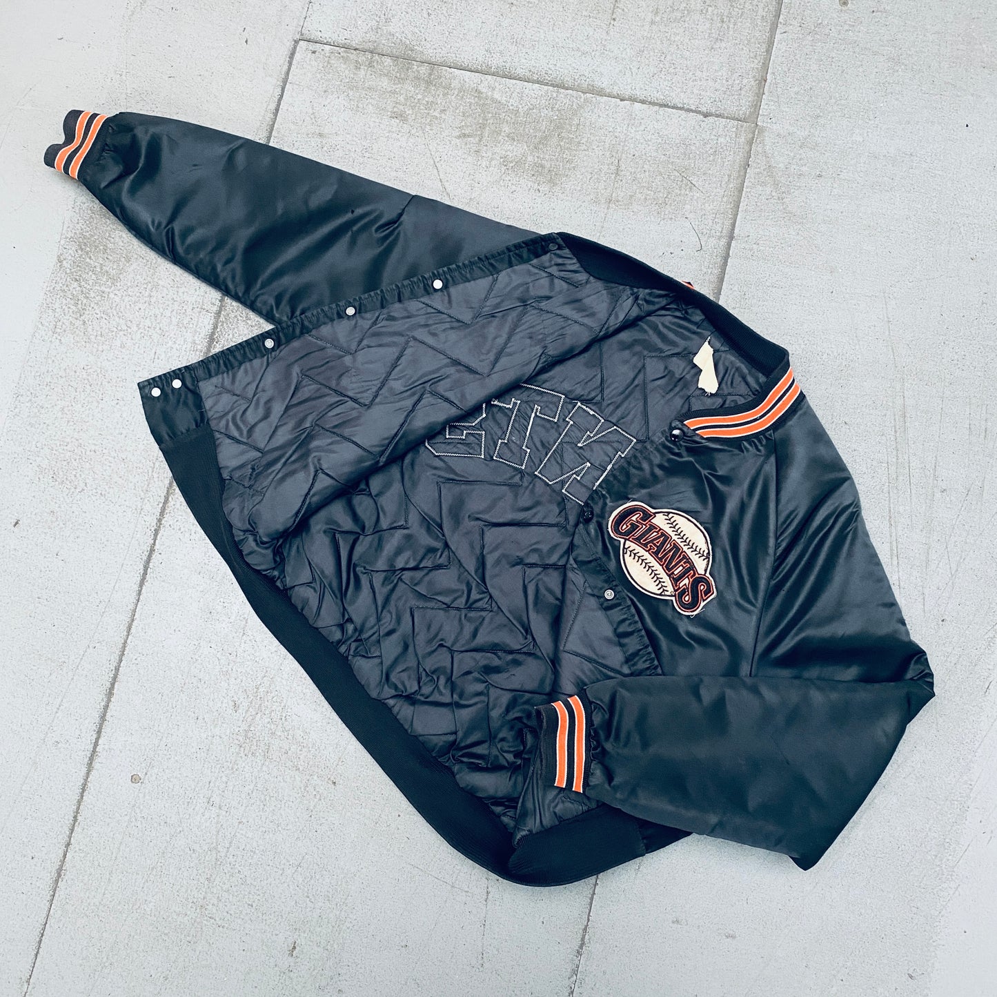 San Francisco Giants: 1990's Chalk Line Satin Reverse Stitched Spellout Bomber Jacket (L)