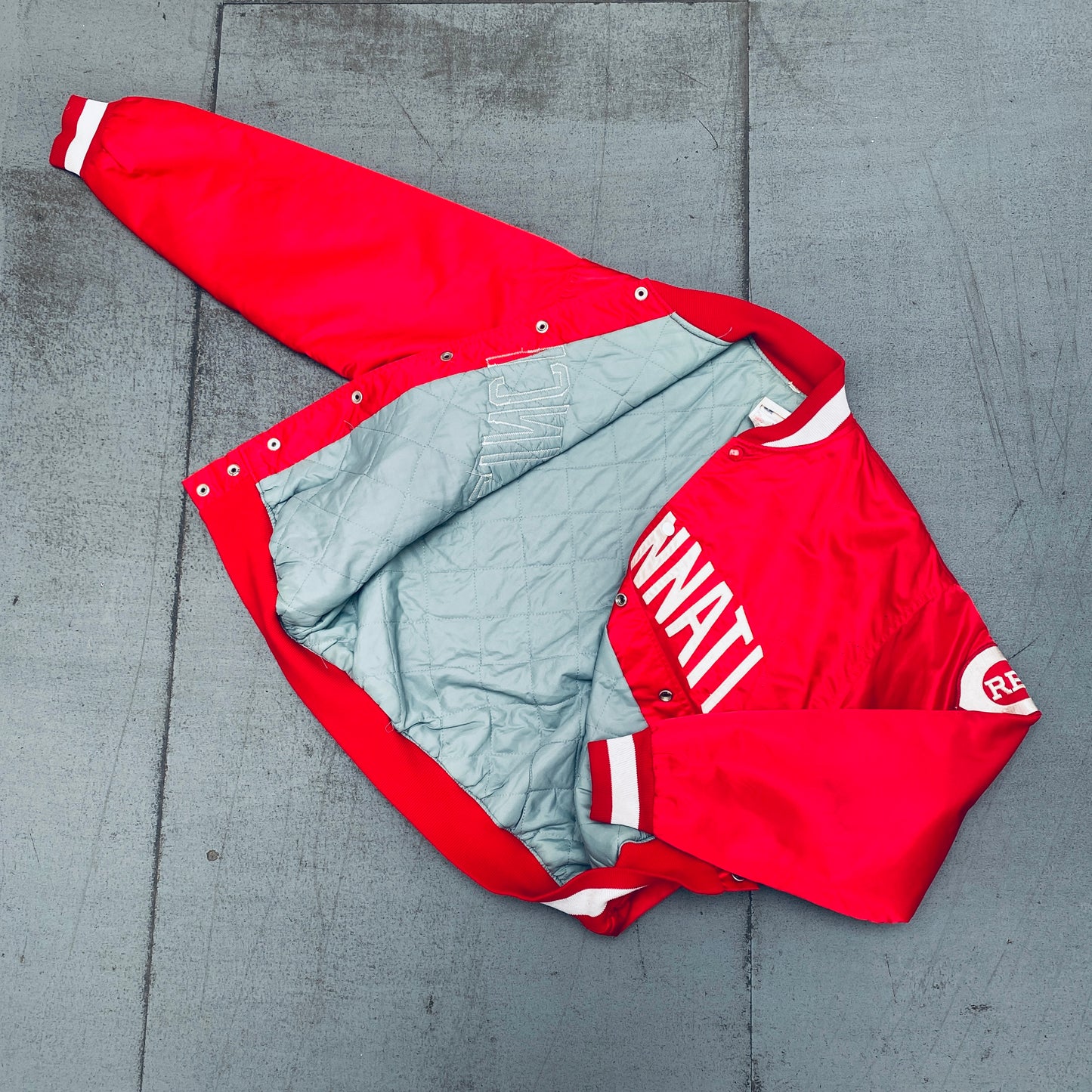 Cincinnati Reds: 1980's Satin Stitched Spellout Bomber Jacket (M)