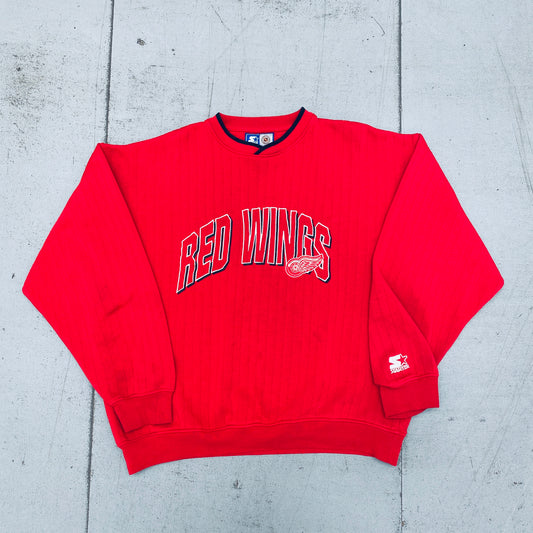 Detroit Red Wings: 1990's Embroidered Spellout Pinstripe Starter Sweat (XL)