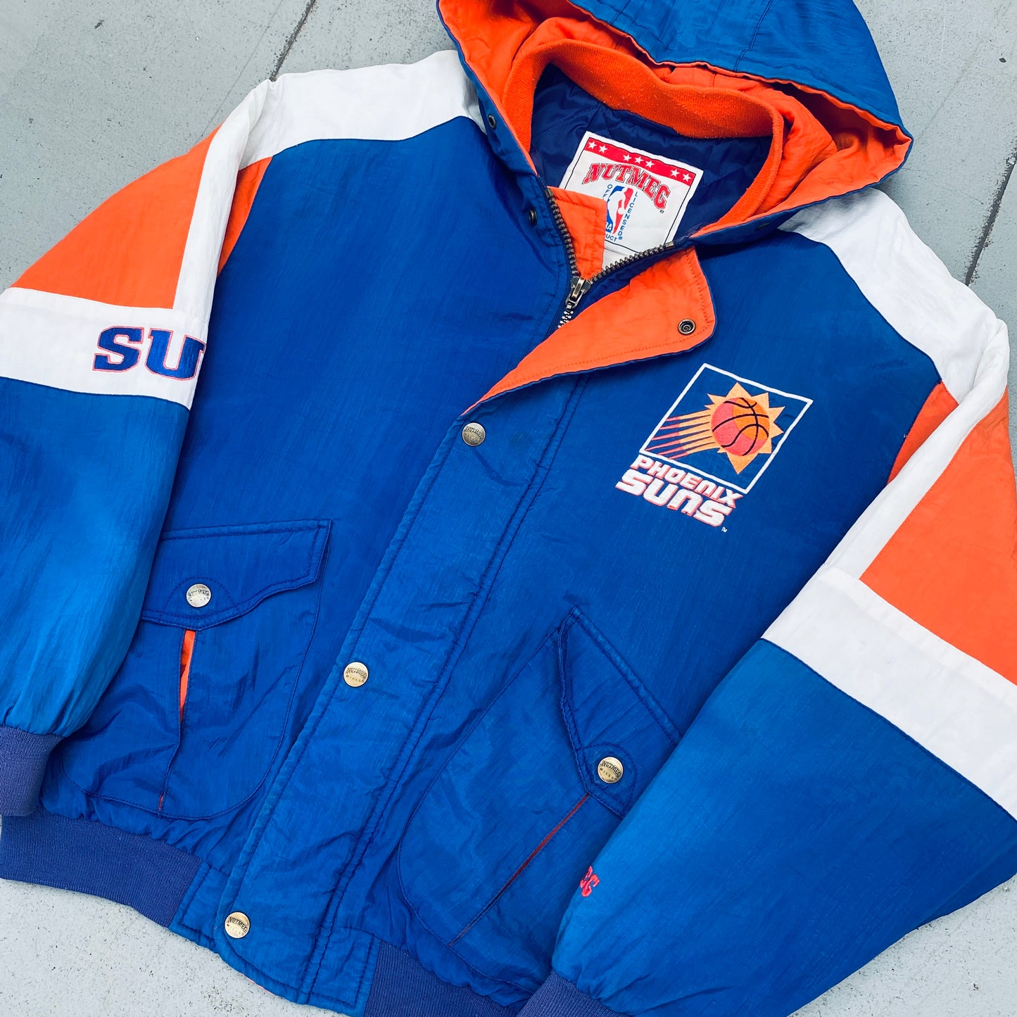 Phoenix Suns: 1990's Nutmeg Mills Reverse Embroidered Spellout Fullzip Jacket (L/XL)