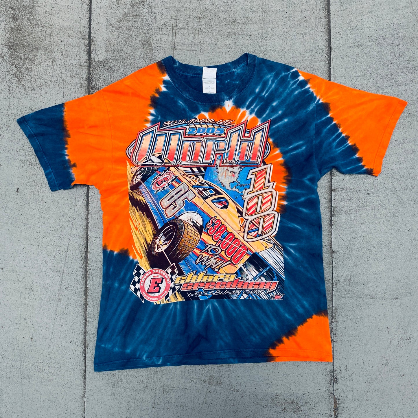 Dirt Track Racing: 2005 35th Annual World 100 Eldora Speedway Tie-Dye Gildan Tee (M/L)